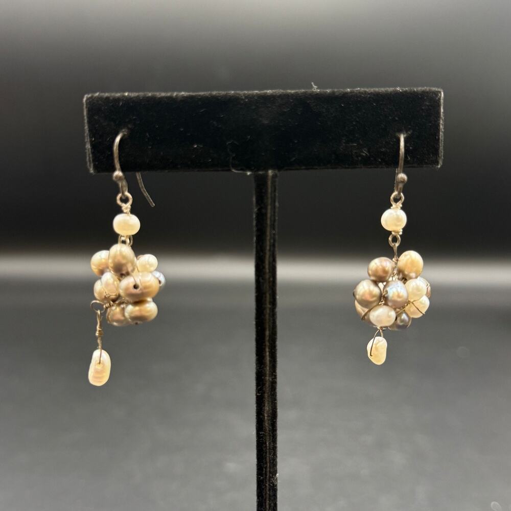 Vintage Freshwater Pearl Cluster Dangle Earrings Cascading Gray & White